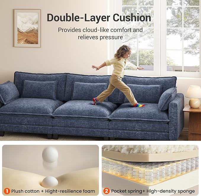 Pipishell 110.6 U-Shaped Modular Sectional Sofa 5-Seat Modern Chenille Deep Seat Comfy Cloud Couch with 2 Movable Ottoman &amp Throw Pillows for Living Room Bedroom and Apartment Blue