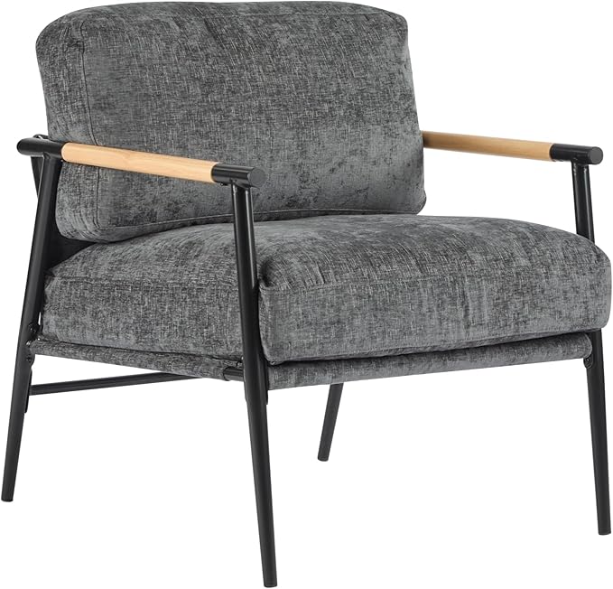 Modern Accent Chair Lounge Arm Chair Upholstered Armchair with Plush Cushions Single Chairs with Metal FrameWooden Armrest - Perfect for OfficeLiving RoomBedroomGrey
