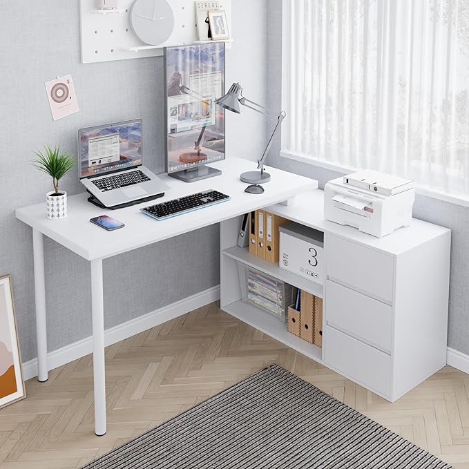 Home Office Computer Desk Corner Desk with 3 Drawers and 2 Shelves 53-inch L-Shaped Study Desk with Storage White