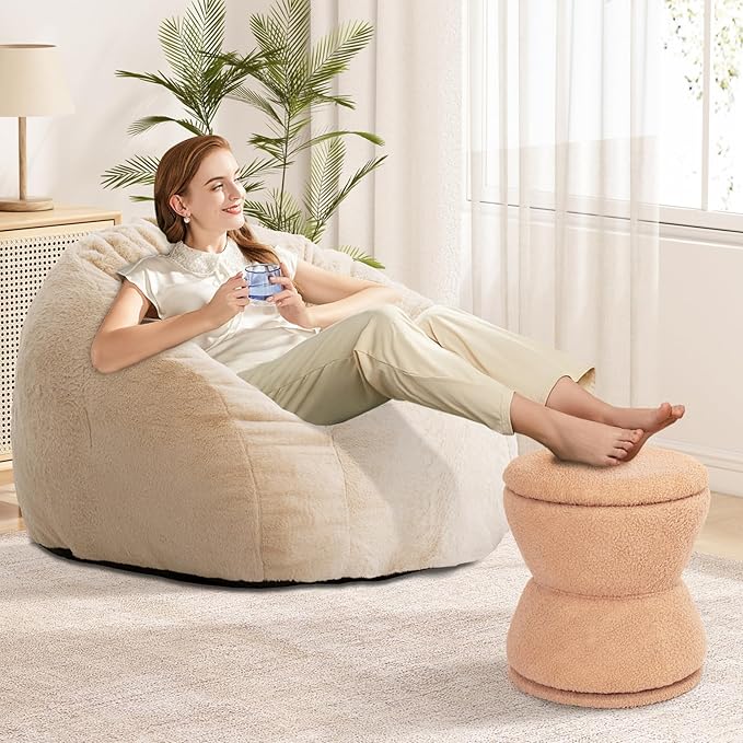 DHMAKER Round Ottoman with Storage 360°Swivel Vanity Stool Chiar with Wooden Frame Small Makeup Chair Comfy Foot Stool with Thick Padded for Living Room Bedroom Entryway