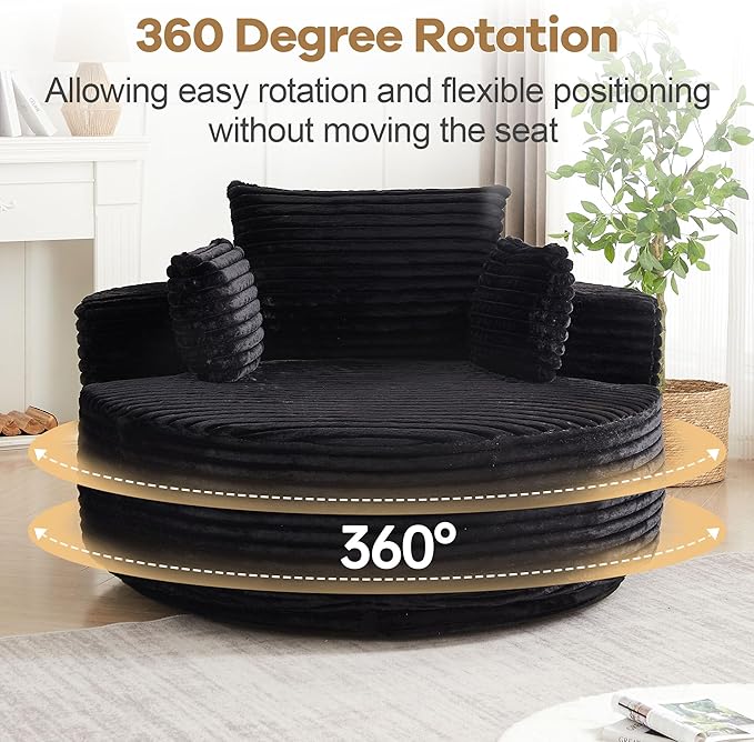 55 Oversized Round Single Swivel Indoor Chair Cozy Corduroy Upholstered Circle Round Sofa Deep Seat Round Swivel Chair for Living Room Bedroom &amp Reading No Assembly Required Black