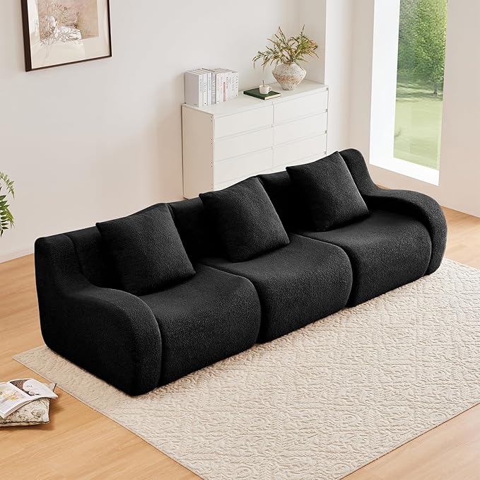 Black 3-Seater Cloud Couch Modern Teddy Fabric Boneless Sectional Sofa in a Box for Living Room Modular Floor Couch Deep Seat No Assembly Required Sofas para Sala