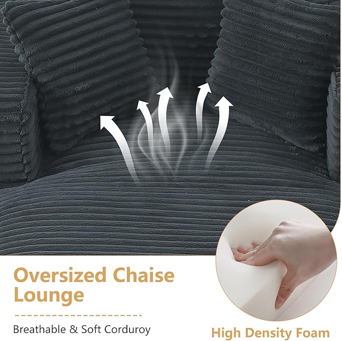Oversized Chaise Lounge Chair Indoor Modern Corduroy Lounge Couch Comfy Upholstered Sleeper Sofa with Throw Pillows Fluffy Reading Chair Bed for Living Room Drak Gray