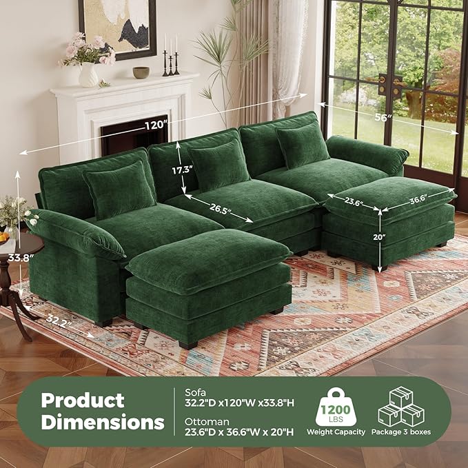 HUSFU 120 Cloud Couch Modular Sectional Sofa with Ottoman 3-Seat Modern Chenille Upholstered U-Shaped Deep Seat Sofa Couch for Living Room Bedroom and Apartment Green