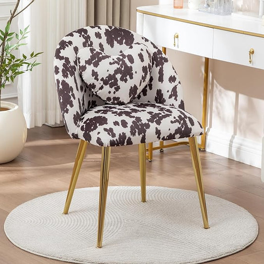 Vanity ChairAccent Makeup Comfy Cute Desk Girls Fluffy Chairs for Bedroom No Wheels Gold Metal Legs Stool (Cow Velvet)