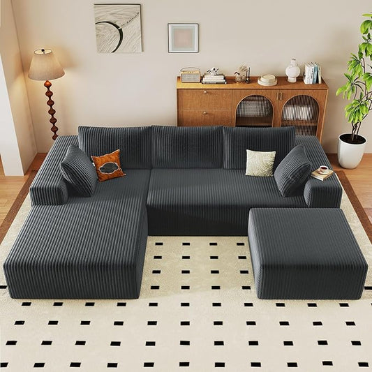 96 W Cloud Sectional Couch with OttomanModern U-Shaped Cloud Couch with Deep SeatComfy Corduroy 3-Seater SofaMemory Foam Sofa for Living RoomNo Assembly (Dark GreyLeft-Facing Chaise)