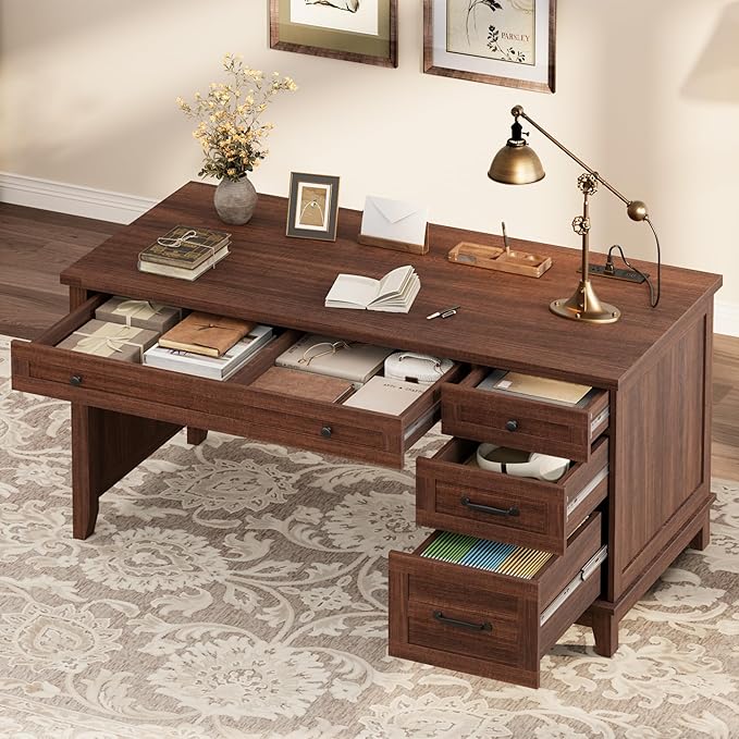 53.5 Executive Desk with Power Outlet Home Office Desk with Drawers Wooden Work Desk with File Cabinet Computer Desk for Work Study Writing Brown