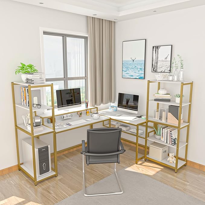 Teraves Computer Desk with 5 Tier ShelvesReversible Writing Desk with Storage 33 Inch Study Table for Home Office Independent Bookcase and Desk for Multiple Scenes
