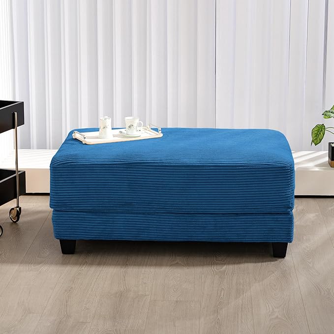Corduroy Ottoman for Sectional Sofa Modular Footrest with Wooden Legs 43.7 x 29.1 x 18.5 Inches Convertible Furniture for Living RoomBlue
