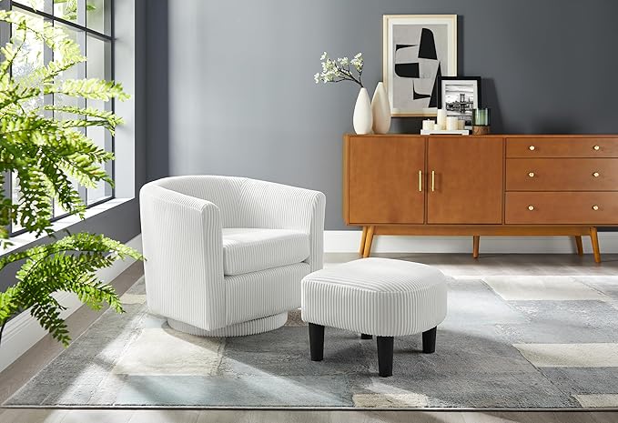 Swivel Accent Chair 360° Comfy Corduroy Armchair with Ottoman - White Plush Living Room Bedroom Chair for Relaxation