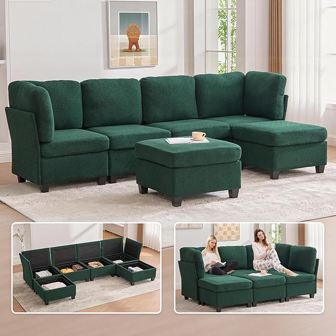 U Shaped Modular Sectional Sofa Couch with Storage Ottoman 6 Seat Convertible Upholstered Deep Seat Sofa with Chaise Lounge Comfy Cloud Couch for Living Room Emerald Green