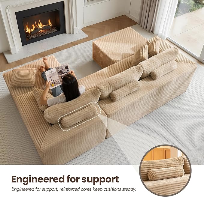 108 L Shaped Couch with Movable Ottoman Beige Boneless Memory Foam Modular Sectional Sofa with Right Facing Chaise Upholstered Corduroy U Couches for Living Room Bedroom No Assembly Required