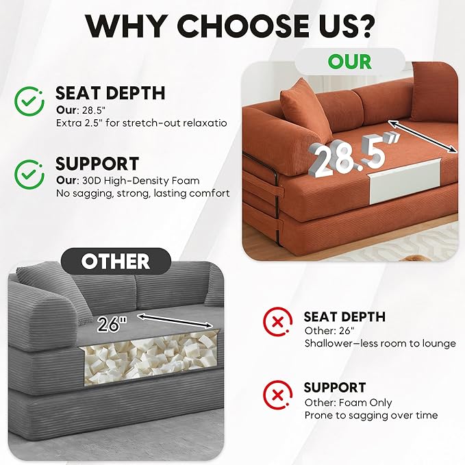 Convertible Sleeper Sofa Bed with Cylindrical Pillow Corduroy Folding Mattress Couch with Fixed-Shape Frame Floor Sofa Lounge Couch for Living Room Bedroom Lounge Studio Orange