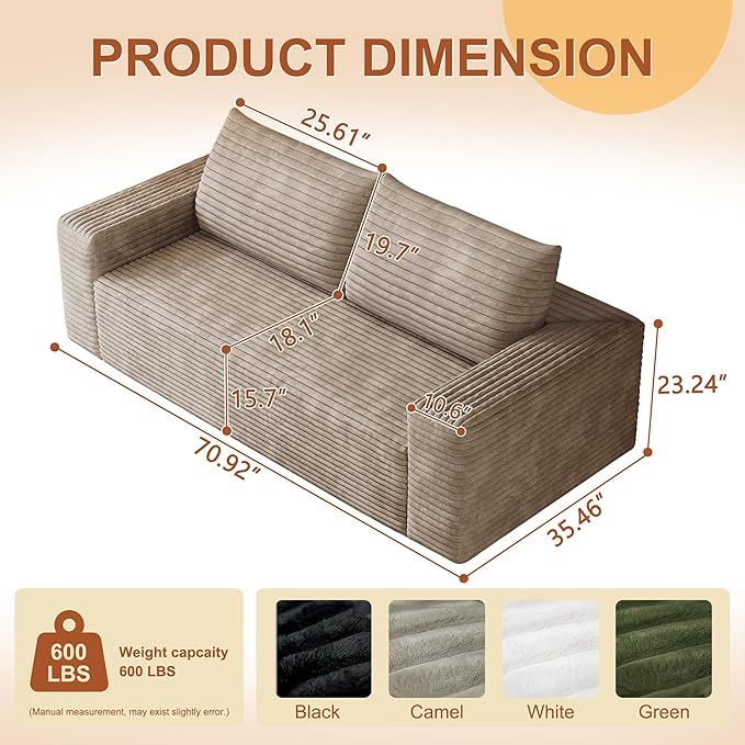71 Corduroy Loveseat Sofa 3-Seater Cloud Couch Boneless Couch in a Box Comfy Deep Seat Sofa with Memory Foam Pillows and Wide Armrests Modern Small Couches for Small Spaces No Assembly