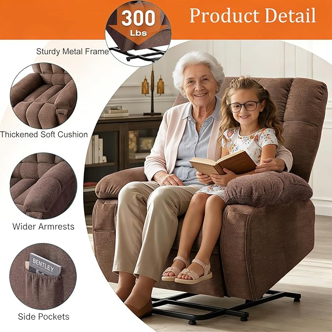 Power Lift Recliner Chair for Adult with Heated and Full Body Massage Glider Nursery Chair with Cup Holder and USB Charge Port Oversided Swivel Rocker Recliner for Living/Study/Bedroom Room Brown