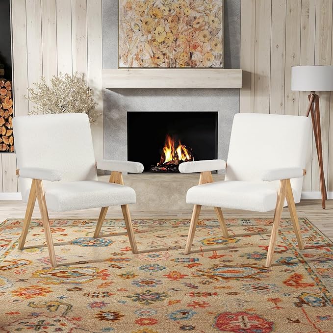 GOFLAME Mid-Century Modern Accent Chair Set of 2 Sherpa Fabric Armchair with Solid Rubberwood Frame Padded Seat &amp Armrests Upholstered Reading Chair Leisure Chair for Living Room Bedroom