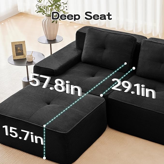 115.3” Black Boneless Couches for Living Room Modular Sectional Sofa with U-Shape Chaise 3 Seater Comfy Upholstered Deep Seat Corduroy Fabric Cloud Couch No Assembly Anti-Slip Design