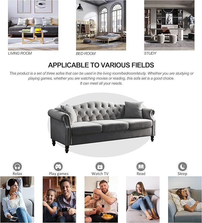 2 Piece Grey Velvet Chesterfield Sofa Set for Living Room79 3 Seater&amp57 Loveseat Sofa SetButton Tufted Nailhead Trimming Curved Backrest Rolled Arms with Black Metal Legs with 4 Pillows