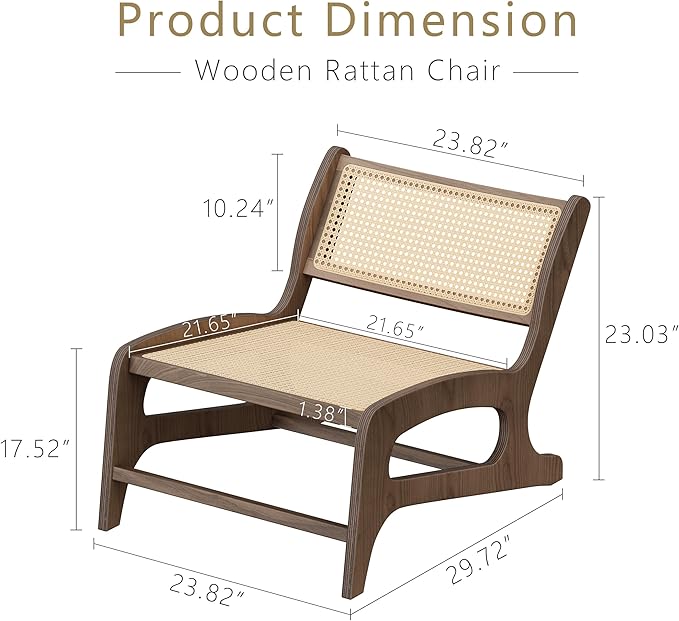 Chogori Mid Century Modern Wooden Lounge Chair Armless Rattan Accent Chair Lightweight Boho Style Seating Comfortable Single Chair for Living Room Bedroom or Patio (Walnut Set of 2)