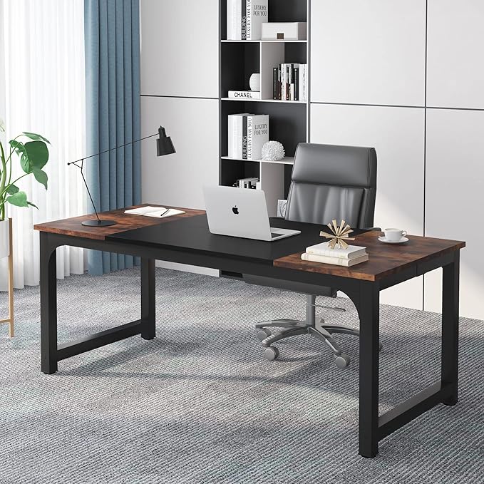 Tribesigns 70.8”Executive Desk Large Office Computer Desk with Thicken Frame Modern Simple Workstation Business Furniture for Home Office Rustic Brown/Black