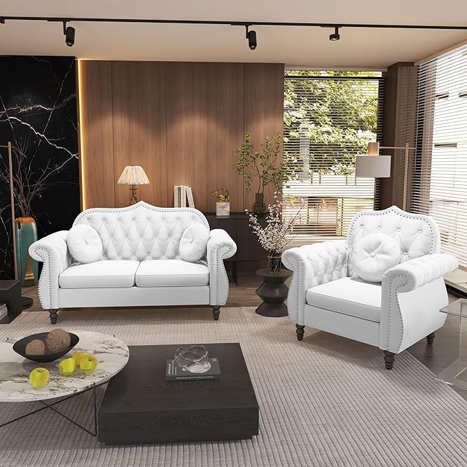 AVZEAR Chesterfield 2-Piece Living Room Sectional Sofa Set Mid-Century Modern Upholstered Velvet Sofa Couch Classic Tufted Button Sofa with Nailhead Trim for Living Room (1+2 Seat White)