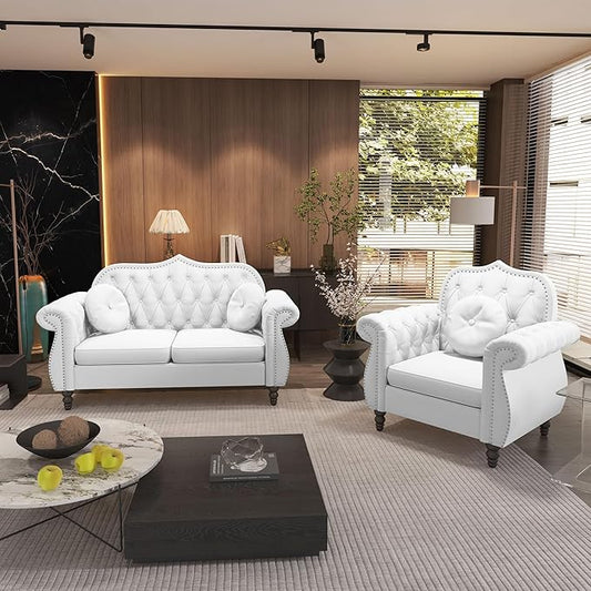 AVZEAR Chesterfield 2-Piece Living Room Sectional Sofa Set Mid-Century Modern Upholstered Velvet Sofa Couch Classic Tufted Button Sofa with Nailhead Trim for Living Room (1+2 Seat White)