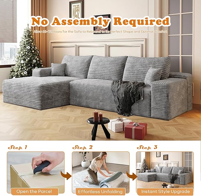 107 L-Shaped Modern Modular Sectional Sofa Oversized Corduroy Boneless Couches with Deep Seat Comfy Upholstered Cloud Couch for Living Room (Grey 3S+Left Facing Chaise)