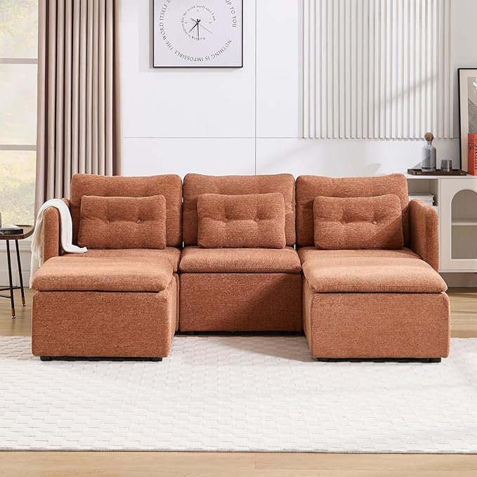 DUOMAY Modern Chenille Convertible Sectional Sofa 82.5 Wide Modular Couch with Deep Seat Upholstered U-Shaped Lounge Sofa with 2 Ottomans for Living Room Bedroom Brown