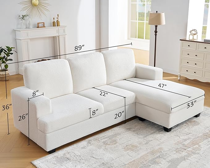 VanAcc 89 Inch L Shape Couch Convertible Sofa with Storage Reversible L Shape Sofa with Chaise Comfy Couches for Living Room Offwhite Bouclé