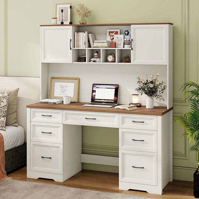 Farmhouse Executive Desk with 7 Drawers and Storage Cabinet Rustic Large Home Writing Desk with Hutch Workstation for Bedroom White