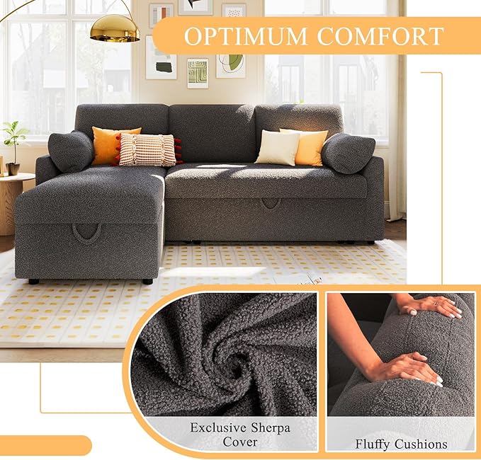 VanAcc Sofa Bed Sleeper Sofa with Storage Chaise- 2 in 1 Pull Out Couch Living Room Comfy Sleeper Couch Grey Boucle