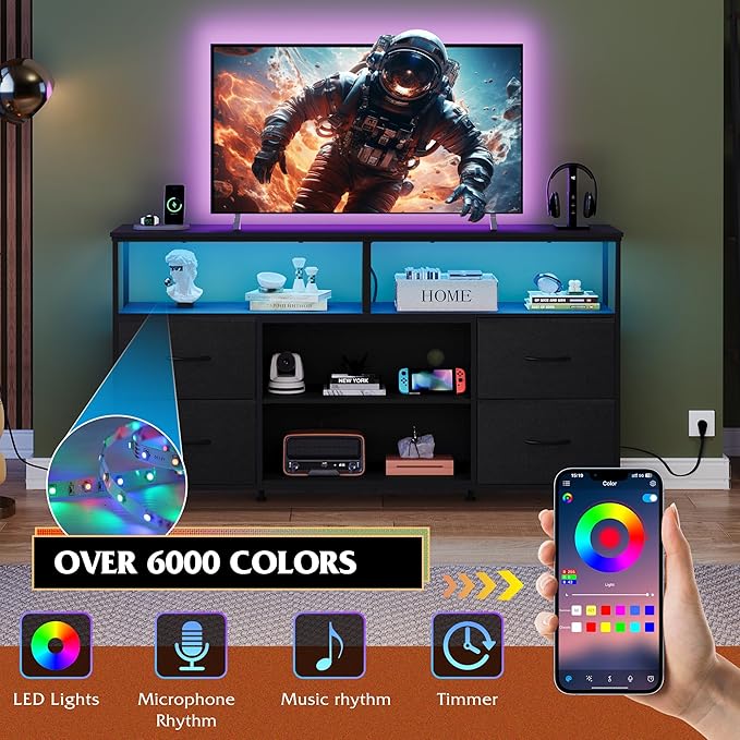 WLIVE TV Stand Dresser for 505560 inch TV Entertainment Center with LED Lights &amp Fabric Drawers Dresser TV Stand for Bedroom and Living Room with Open Shelves Black