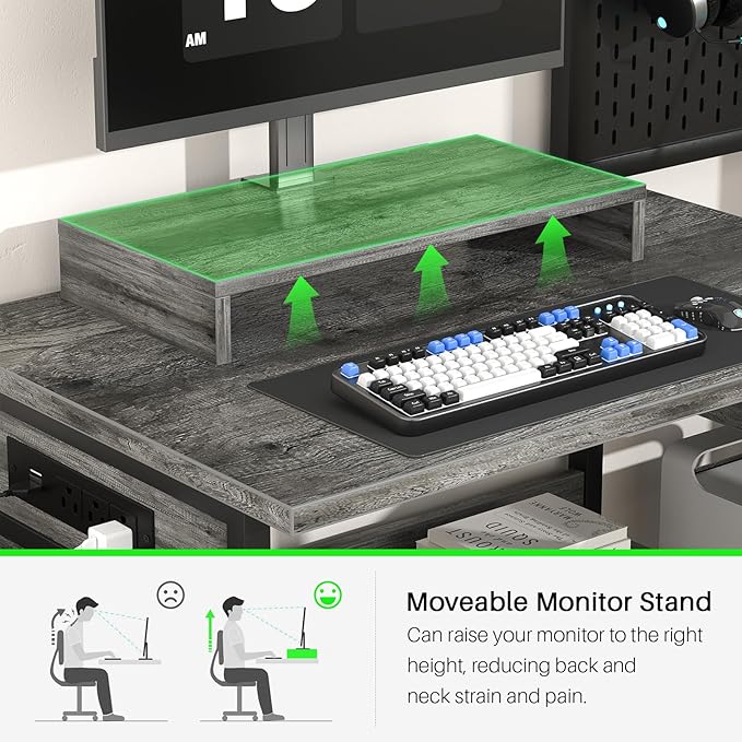 Small Gaming Desk with 2 Fabric Drawers - Reversible Computer Desk with Power Outlet &amp LED Lights 49 Office Desk with Monitor Stand &amp Storage Shelves Writing Study Table with Pegboard Grey