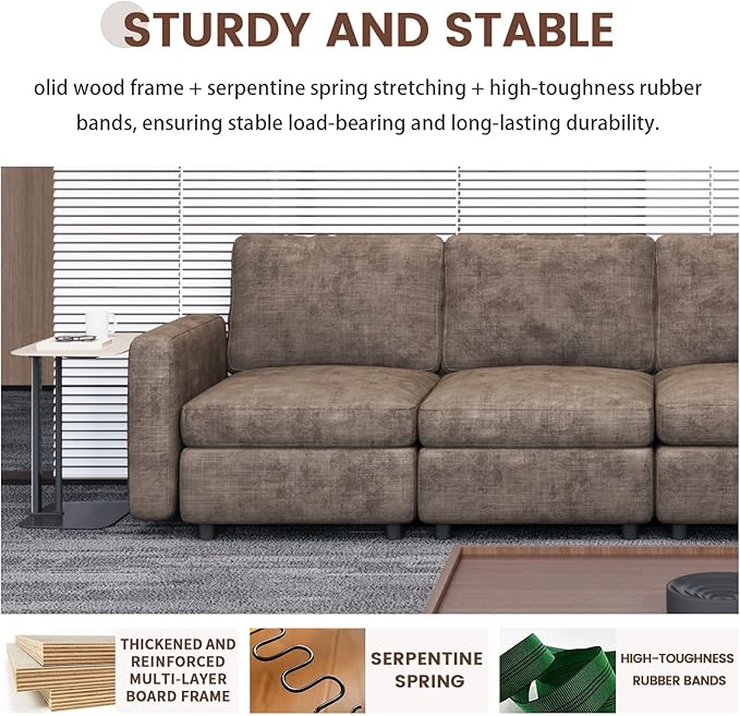 Modern Brown Modular Sofa with Deep Seating Soft Cushions Sectional Couch Available in Loveseat or Multi-Seat Options Minimalist Design for Office Living Room or Bedroom (4-Seater Sofa)
