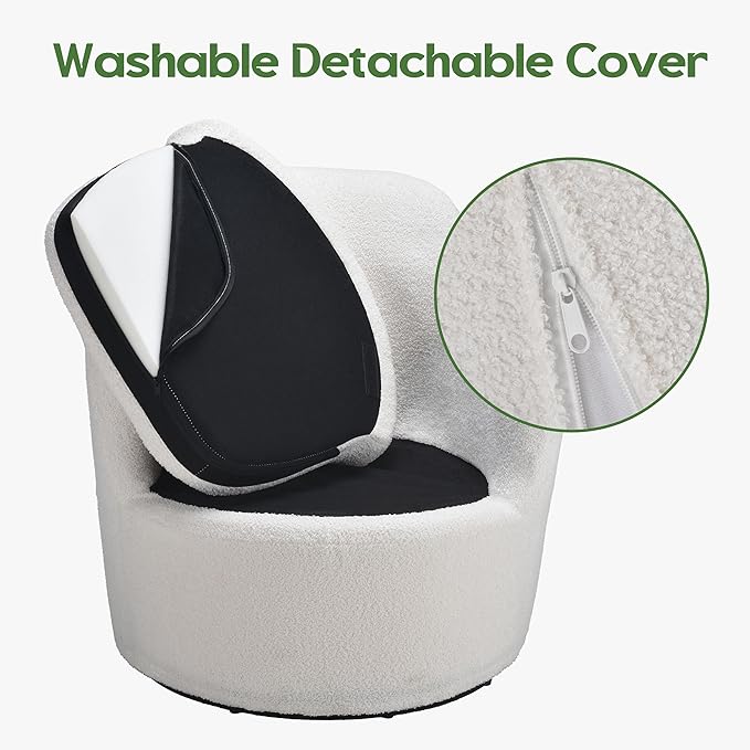 Swivel Accent Chairs Set of 2 Round Barrel Chairs with Washable Detachable Cover Living Room Chairs with Solid Mental Base Upholstered Accent Chairs for Living Room Bedroom Teddy (White)
