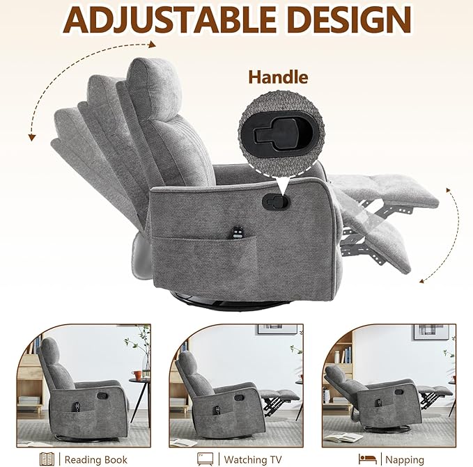 Slim Swivel Rocking Chair Recliner with PocketsLazy Boy Recliners for for AdultsSmall Recliner Chair for Small Spaces Manual Reclining Chair for Living Room Bedroom (Cinerous)