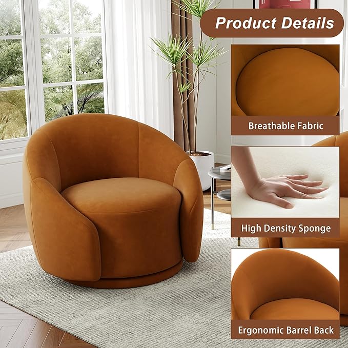 Swivel Accent Chairs Set of 2 Swivel Velvet Chair for Living Room No Assembly Small Comfy Round Barrel Armchair for Bedroom Office Waiting Room Orange