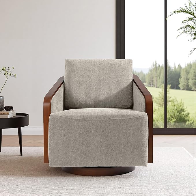 Swivel Barrel Accent Chair Mid Century Modern Arm Chair for Living Room Bedroom Comfy Club Reading Lounge Sofa Corner Chairs for Adults(Chenille Light Brown Set of 1)