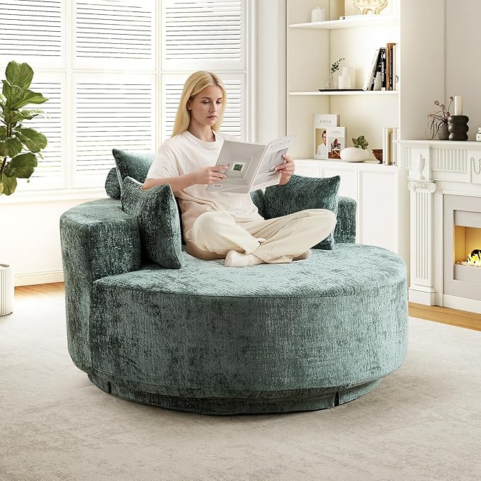 55 W Oversized Round Swivel Accent Barrel Chair360 Degree Chenille Upholstered Comfy Chaise Lounge Chair IndoorModern Deep Seat Single Sofa Armchair for Living RoomBedroomOffice(Green)