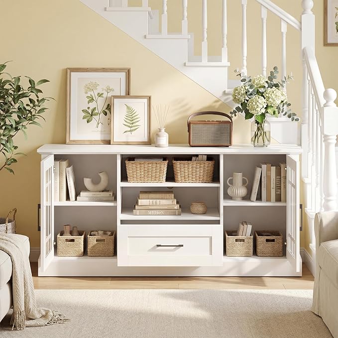 Giantex Farmhouse TV Stand for 65/70 Inch TV Tall Entertainment Center with Storage Cabinets Glass Doors Drawer Removable Shelves Media TV Console Table for Living Room Bedroom (White)