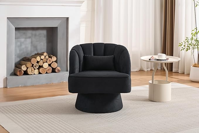 Swivel Barrel Chair - Velvet Upholstered Modern Armchair with Striped Backrest &amp Plush Padding Round Lounge Chair for Living Room Bedroom Small Spaces Black - (1 Pcs)