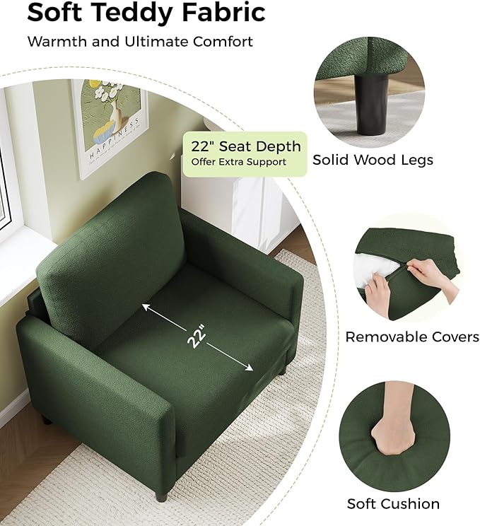 Sofa Reading Chair33 Accent Chair for Bedroom Tool-Free Setup Living Room Accent Chairs Comfy Arm Chairs Living Room All-Wood Reading Nook Green