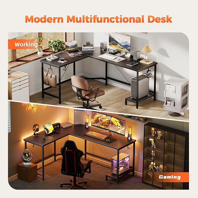 Mericonia 66 inch Large L Shaped Desk Simple Corner Gaming Desk with CPU Stand &amp Hooks Computer Desk for Home Bedroom &amp Office Workspace Black
