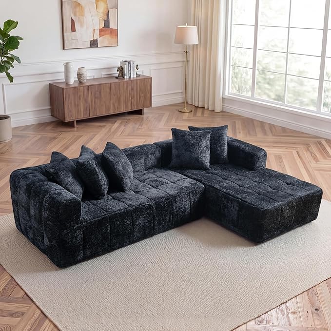 Modular Sectional Cloud Sofa Couch with L-Shape Chaise Modern Boneless Minimalist Upholstered Couches for Living Room Deep Seat Corner Couch No Assembly Required（Black Right Facing Chaise）
