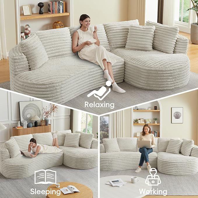 121 Cloud Sectional CouchOversized Corduroy Couches with L-Shape ChaiseModern Modular Sofa with Deep SeatUpholstered Boneless Couch for Living Room (Cream Right Facing Chaise)