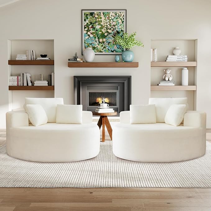 Modern Round Accent Sofa Chair for Living Room Upholstered Soft Terrycloth Barrel Lounge Arm Chair with Large seat&ampThrow Pillows for Bedroom Office Apartment Beige