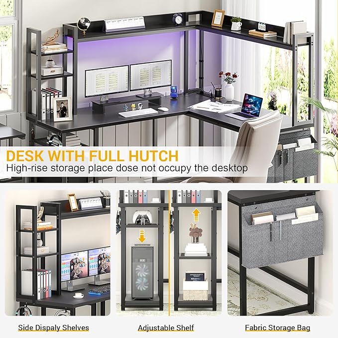 Aheaplus L Shaped Gaming Desk Reversible L Shaped Desk with Power Outlet and Led Lights Gaming Desks Corner Computer Desks with Hutch Monitor Stand and Storage Bag for Home Office Black