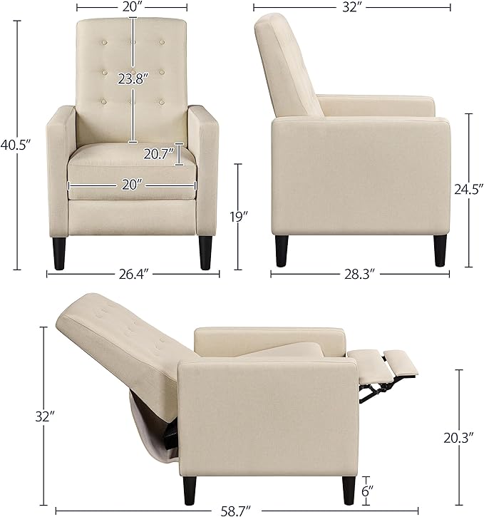 Topeakmart Mid-Century Modern Fabric Recliner Modern Tufted Reclining Single Sofa for Living Room Padded Cushion Home Theater Seat Beige