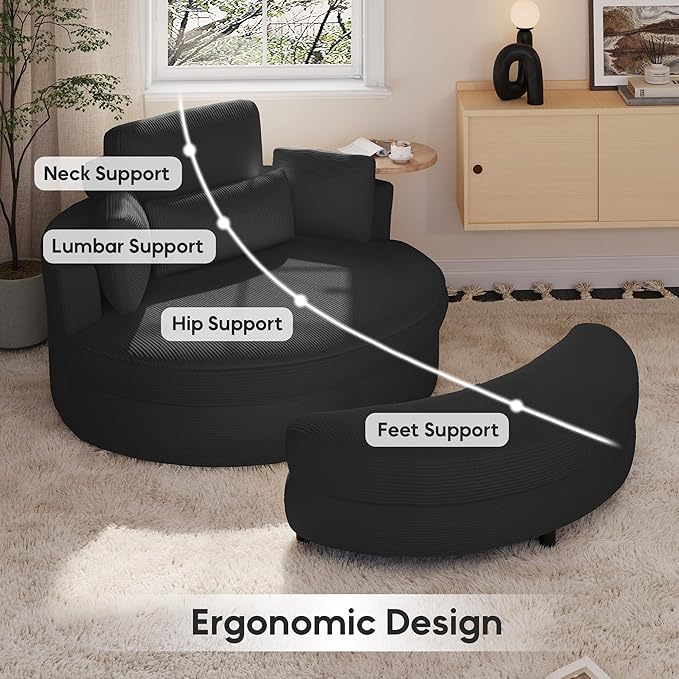 Yoglad Oversized Round Swivel Accent Chair with Ottoman &amp Wooden Armrest Tray – 360° Rotation and Stylish Modern Corduroy Fabric Perfect for Living Room/Apartment/Studio(Black)