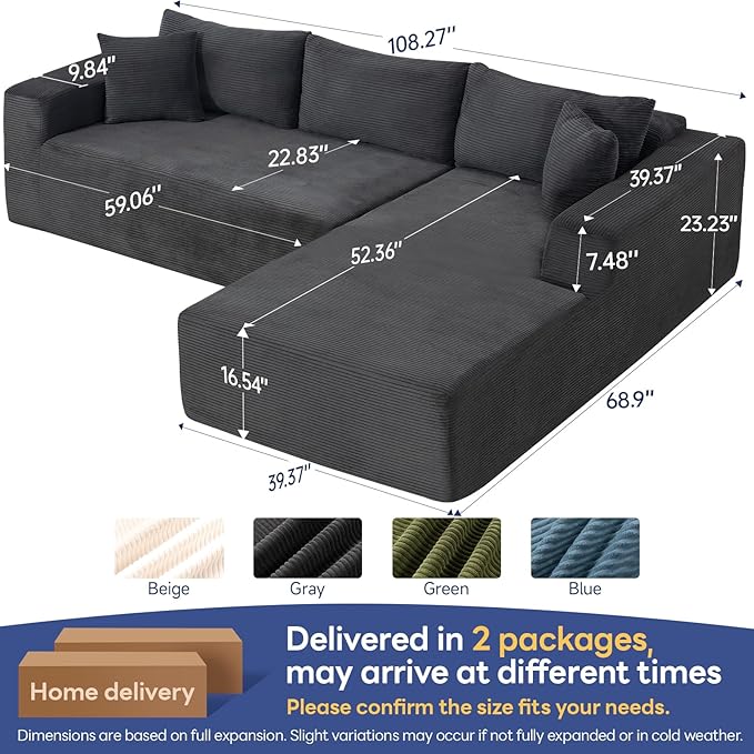 2026 New 108 Cloud Sectional Couch Modular Sectional Sofa with Deep Seat Modular Sofa Couch with L-Shaped Chaise Modern Couches for Living Room No Assembly Required (Gray Right Facing Chaise)